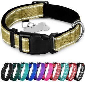 TECEUM Reflective Dog Collar- Olive ,M ,Extra Soft Padding , Nylon